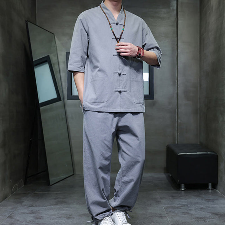 Buddha Stones 2-częściowy strój Tang z żabą i guzikami, koszula, spodnie, kieszenie, męski, bawełniany, lniany zestaw do medytacji - image 31