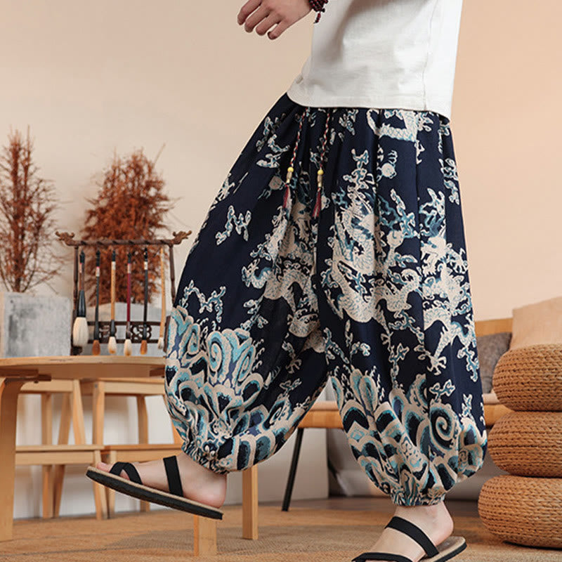 Spodnie męskie haremowe do kostek z nadrukiem smoka z Buddha Stones z bawełny i kieszeniami - image 4