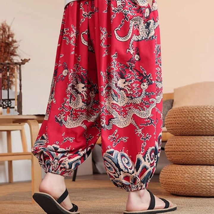 Spodnie męskie haremowe do kostek z nadrukiem smoka z Buddha Stones z bawełny i kieszeniami - image 15