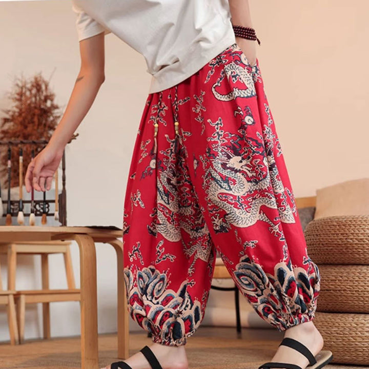 Spodnie męskie haremowe do kostek z nadrukiem smoka z Buddha Stones z bawełny i kieszeniami - image 16