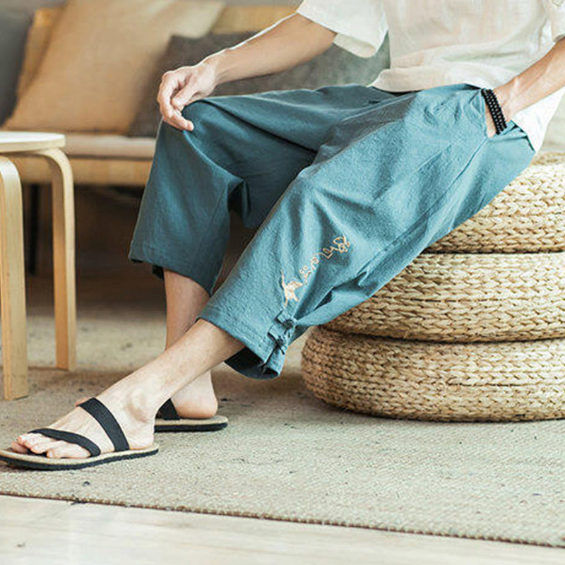 Kamienie Buddha Stones Haft Bawełna Męskie Spodnie Harem Skrócone Z Kieszeniami - image 9