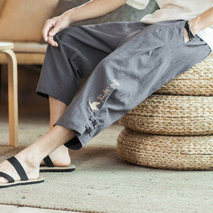 Kamienie Buddha Stones Haft Bawełna Męskie Spodnie Harem Skrócone Z Kieszeniami - image 17