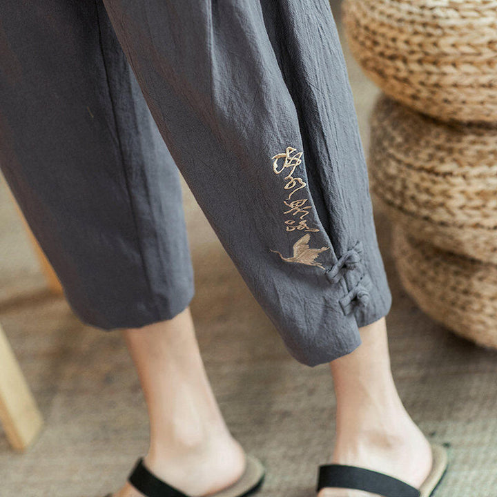 Kamienie Buddha Stones Haft Bawełna Męskie Spodnie Harem Skrócone Z Kieszeniami - image 21