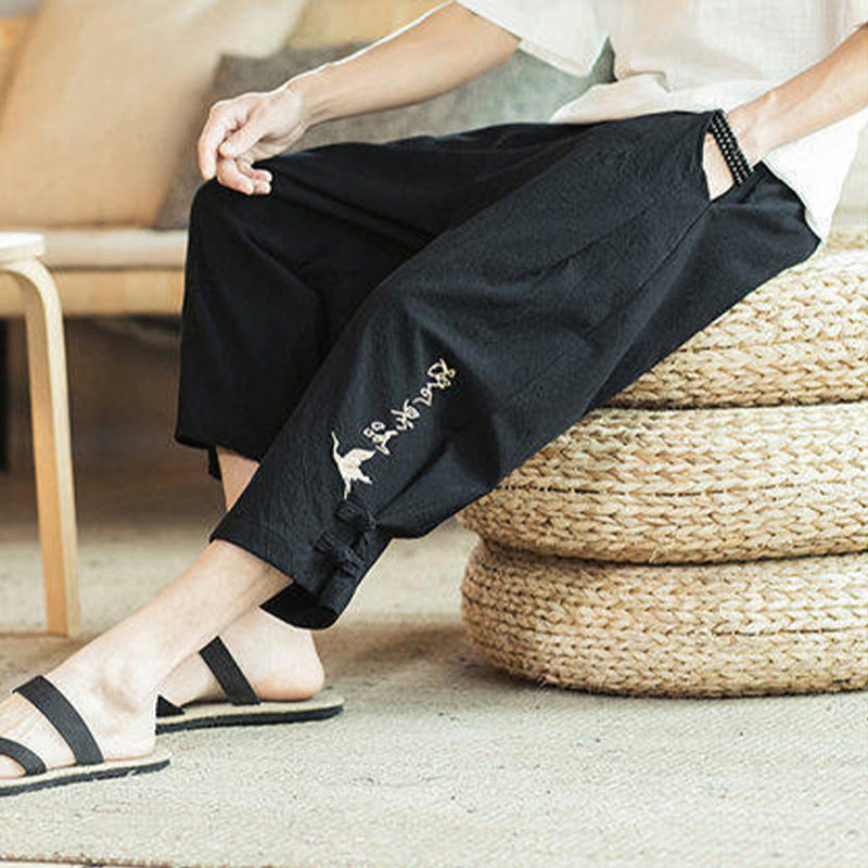 Kamienie Buddha Stones Haft Bawełna Męskie Spodnie Harem Skrócone Z Kieszeniami - image 27