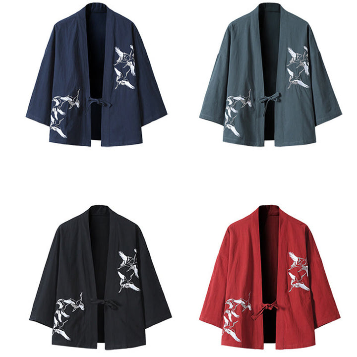 Kamienie Buddha Stones Haftowane Latające Białe Żurawie Bawełniana Lniana Kurtka Męska Kimono Otwarty Przód - image 17