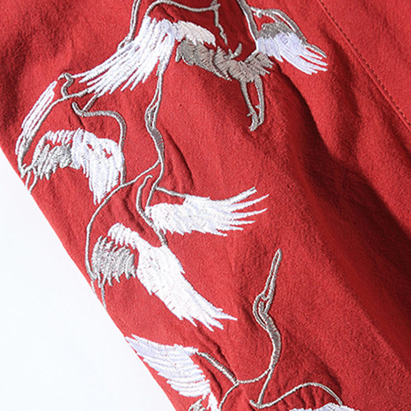 Kamienie Buddha Stones Haftowane Latające Białe Żurawie Bawełniana Lniana Kurtka Męska Kimono Otwarty Przód - image 9