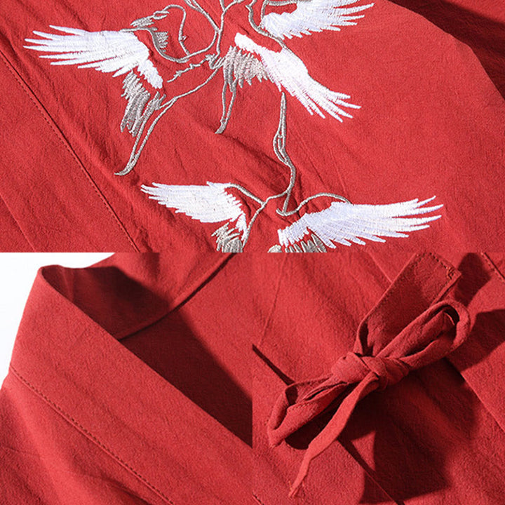 Kamienie Buddha Stones Haftowane Latające Białe Żurawie Bawełniana Lniana Kurtka Męska Kimono Otwarty Przód - image 12