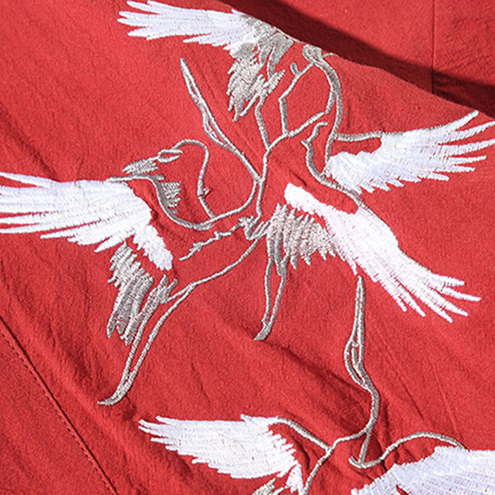 Kamienie Buddha Stones Haftowane Latające Białe Żurawie Bawełniana Lniana Kurtka Męska Kimono Otwarty Przód - image 8