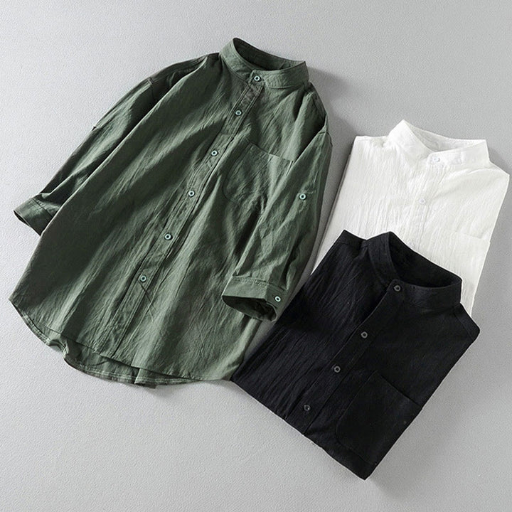 Koszula męska z krótkim rękawem i bawełną z lnu Buddha Stones Summer Solid Guziki - image 17