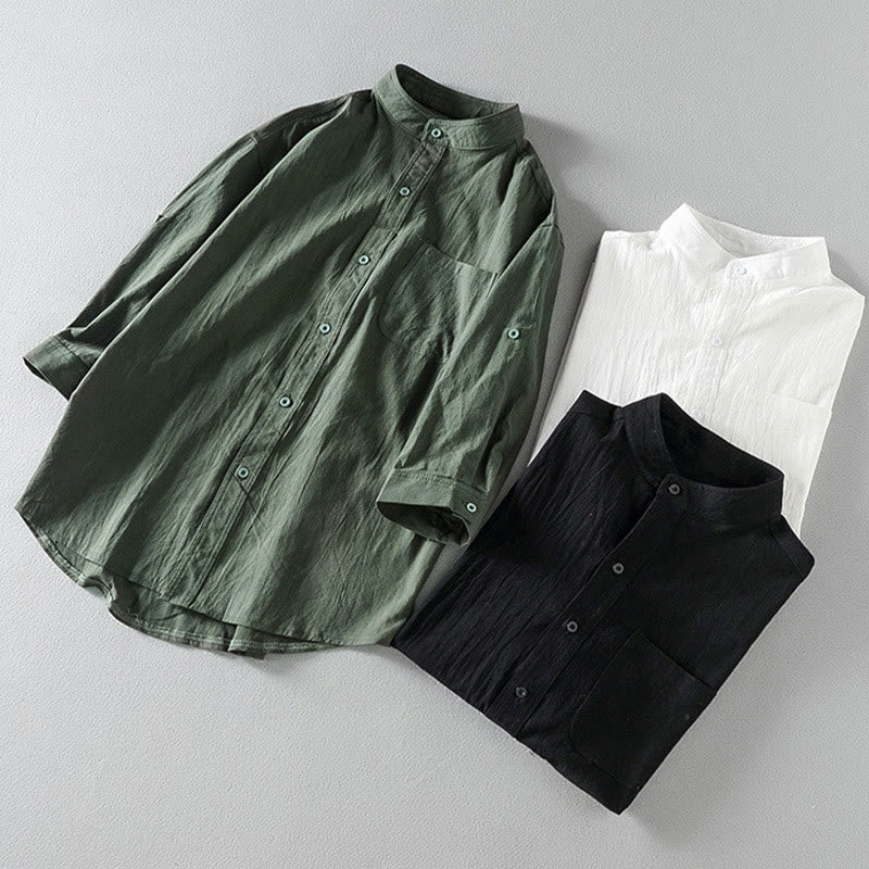 Koszula męska z krótkim rękawem i bawełną z lnu Buddha Stones Summer Solid Guziki - image 17