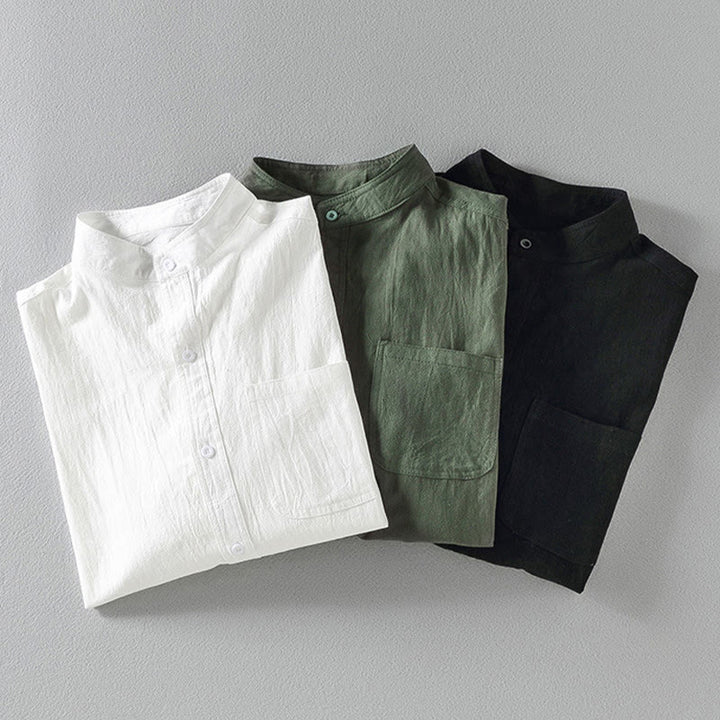 Koszula męska z krótkim rękawem i bawełną z lnu Buddha Stones Summer Solid Guziki - image 1