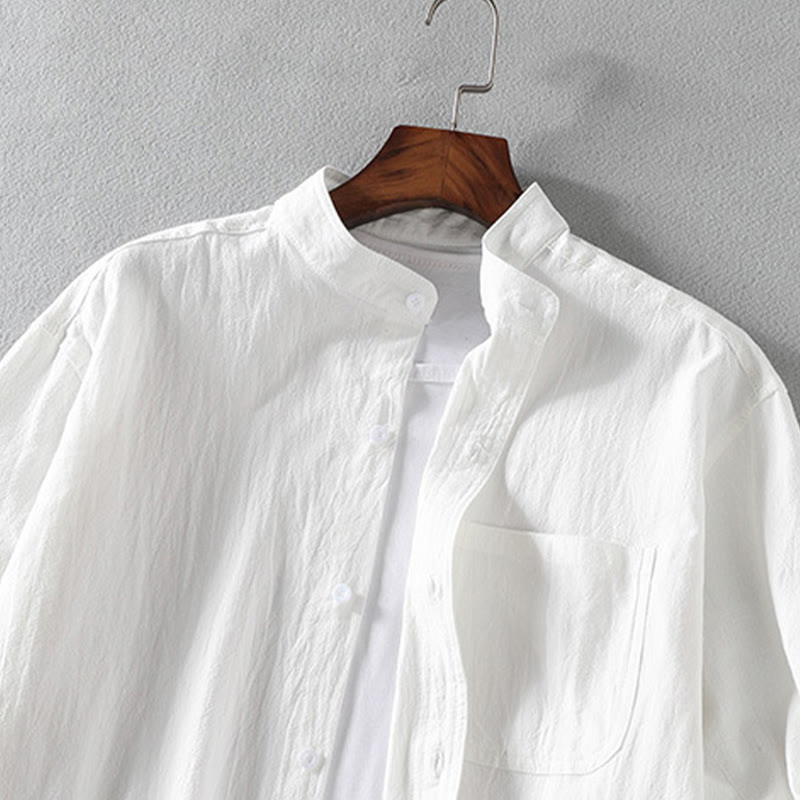 Koszula męska z krótkim rękawem i bawełną z lnu Buddha Stones Summer Solid Guziki - image 4