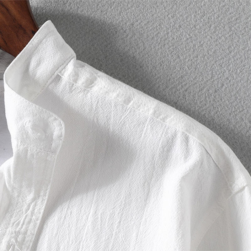 Koszula męska z krótkim rękawem i bawełną z lnu Buddha Stones Summer Solid Guziki - image 8