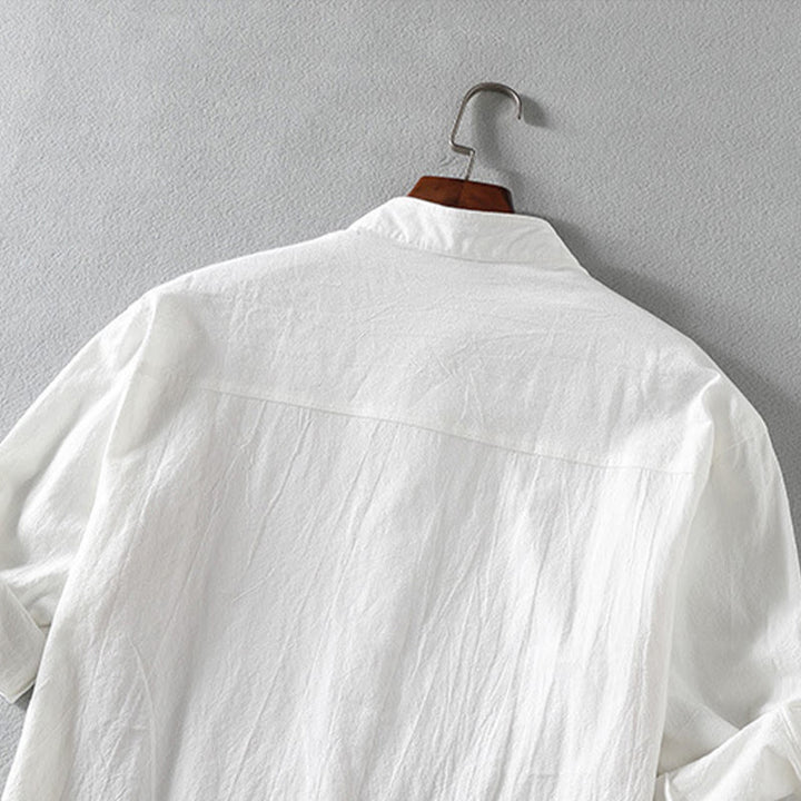 Koszula męska z krótkim rękawem i bawełną z lnu Buddha Stones Summer Solid Guziki - image 5