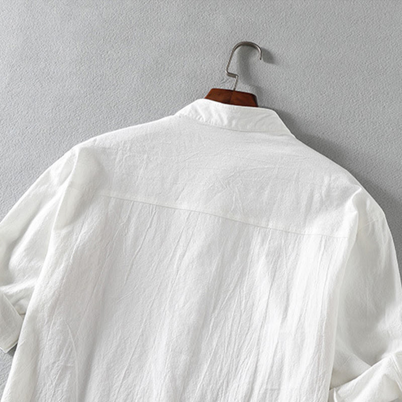 Koszula męska z krótkim rękawem i bawełną z lnu Buddha Stones Summer Solid Guziki - image 5