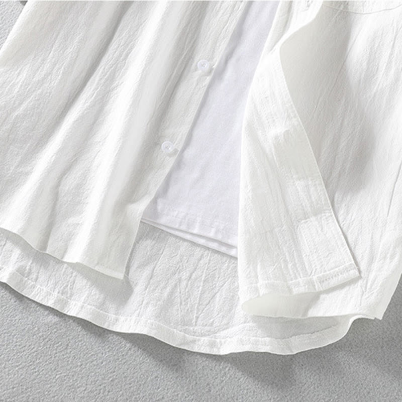 Koszula męska z krótkim rękawem i bawełną z lnu Buddha Stones Summer Solid Guziki - image 11