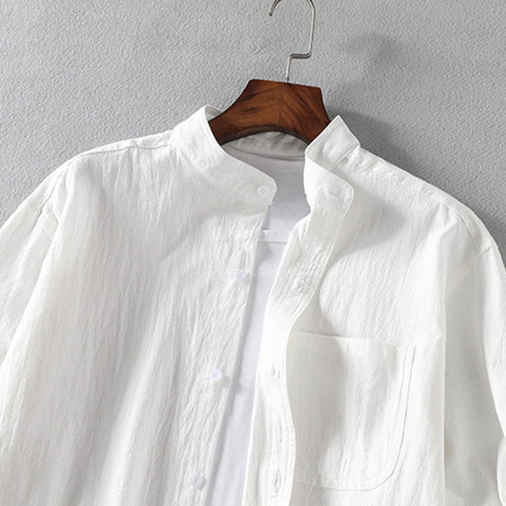 Koszula męska z krótkim rękawem i bawełną z lnu Buddha Stones Summer Solid Guziki - image 4