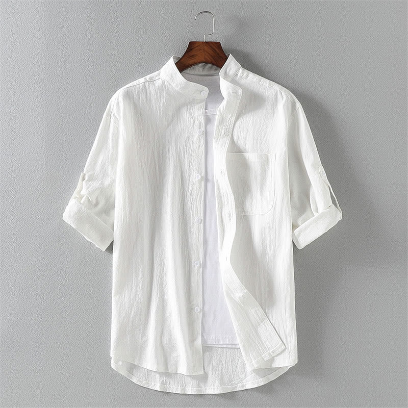 Koszula męska z krótkim rękawem i bawełną z lnu Buddha Stones Summer Solid Guziki - Biały - US/UK/AU46， EU56 (5XL) - image 2