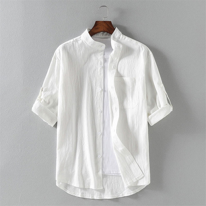 Koszula męska z krótkim rękawem i bawełną z lnu Buddha Stones Summer Solid Guziki - Biały - US/UK/AU46， EU56 (5XL) - image 2