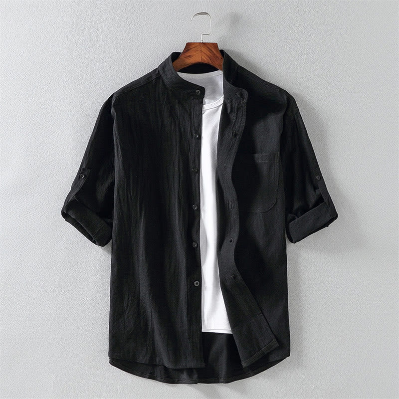 Koszula męska z krótkim rękawem i bawełną z lnu Buddha Stones Summer Solid Guziki - Czarny - US/UK/AU46， EU56 (5XL) - image 0