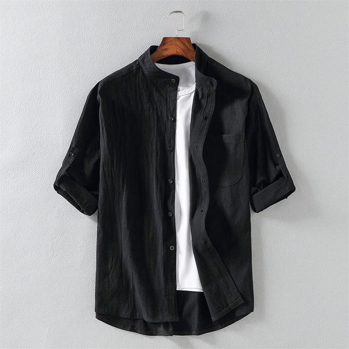 Koszula męska z krótkim rękawem i bawełną z lnu Buddha Stones Summer Solid Guziki - Czarny - US/UK/AU46， EU56 (5XL) - image 0