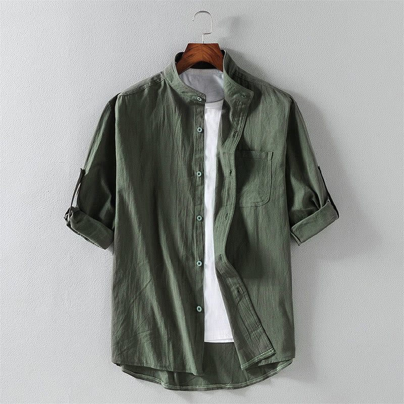 Koszula męska z krótkim rękawem i bawełną z lnu Buddha Stones Summer Solid Guziki - DarkSeaGreen - US/UK/AU46， EU56 (5XL) - image 16