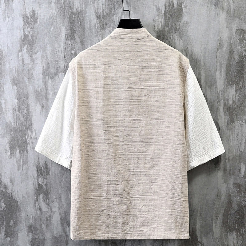 Koszula męska z bawełny i lnu z krótkim rękawem i letnim patchworkowym wzorem w Buddha Stones - image 1