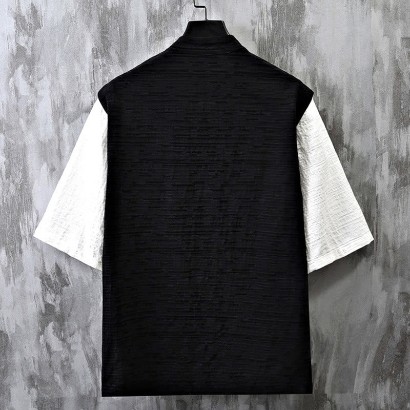 Koszula męska z bawełny i lnu z krótkim rękawem i letnim patchworkowym wzorem w Buddha Stones - image 3