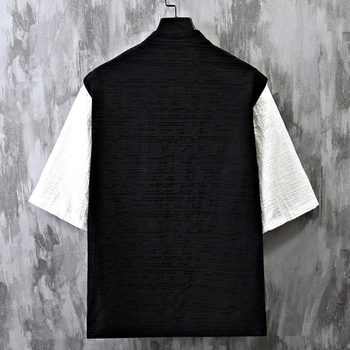 Koszula męska z bawełny i lnu z krótkim rękawem i letnim patchworkowym wzorem w Buddha Stones - image 3