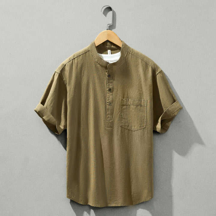 Koszula męska z krótkim rękawem i półguzikiem z bawełny Buddha Stones Summer Solid - Ciemny Khaki - US/UK/AU42， EU52 (3XL) - image 27