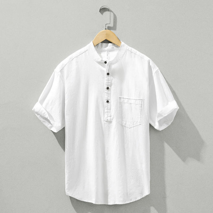 Koszula męska z krótkim rękawem i półguzikiem z bawełny Buddha Stones Summer Solid - Biały - US/UK/AU42， EU52 (3XL) - image 15