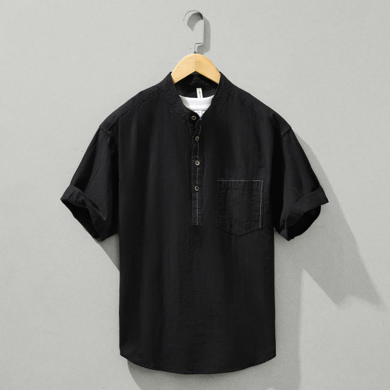 Koszula męska z krótkim rękawem i półguzikiem z bawełny Buddha Stones Summer Solid - Czarny - US/UK/AU42， EU52 (3XL) - image 10
