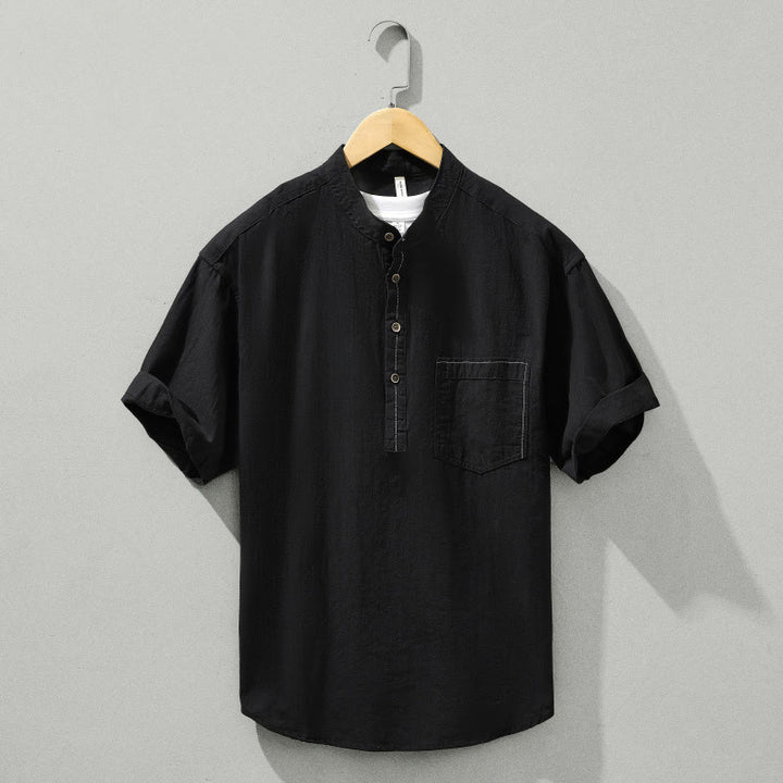Koszula męska z krótkim rękawem i półguzikiem z bawełny Buddha Stones Summer Solid - Czarny - US/UK/AU42， EU52 (3XL) - image 10