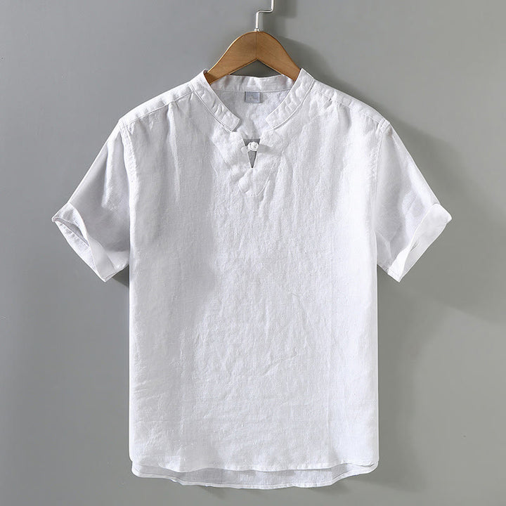 Koszula męska z krótkim rękawem z lnu Buddha Stones Summer Solid Design - Biały - US/UK/AU42， EU52 (3XL) - image 9
