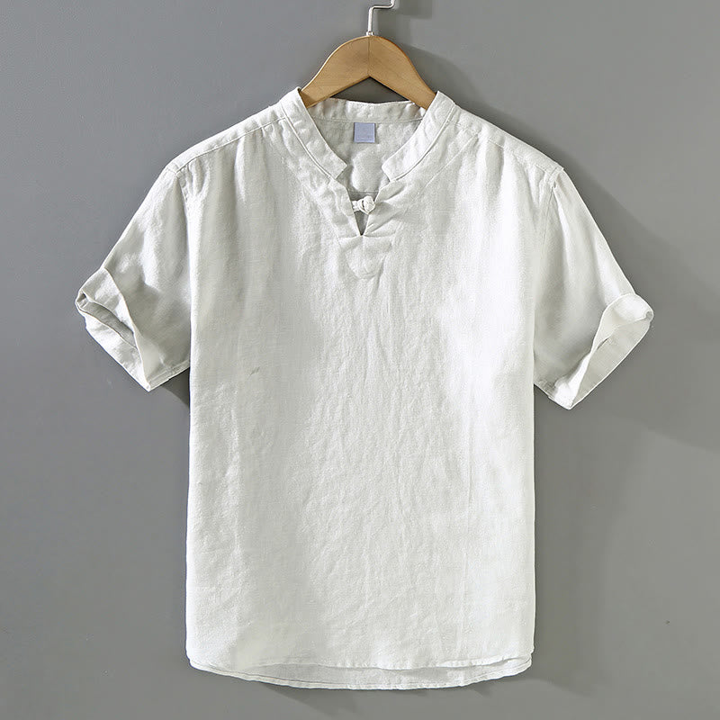 Koszula męska z krótkim rękawem z lnu Buddha Stones Summer Solid Design - Jasnoszary - US/UK/AU42， EU52 (3XL) - image 11