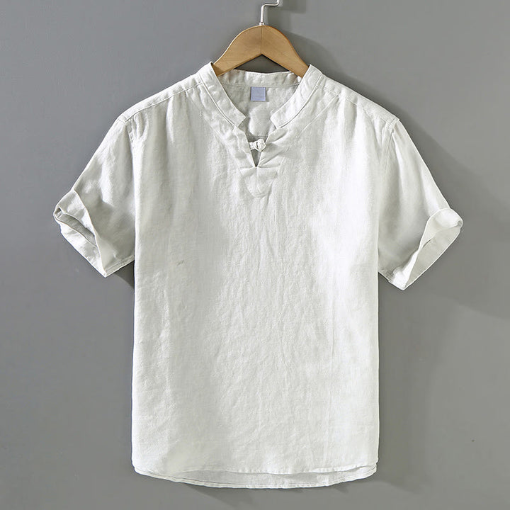 Koszula męska z krótkim rękawem z lnu Buddha Stones Summer Solid Design - Jasnoszary - US/UK/AU42， EU52 (3XL) - image 11