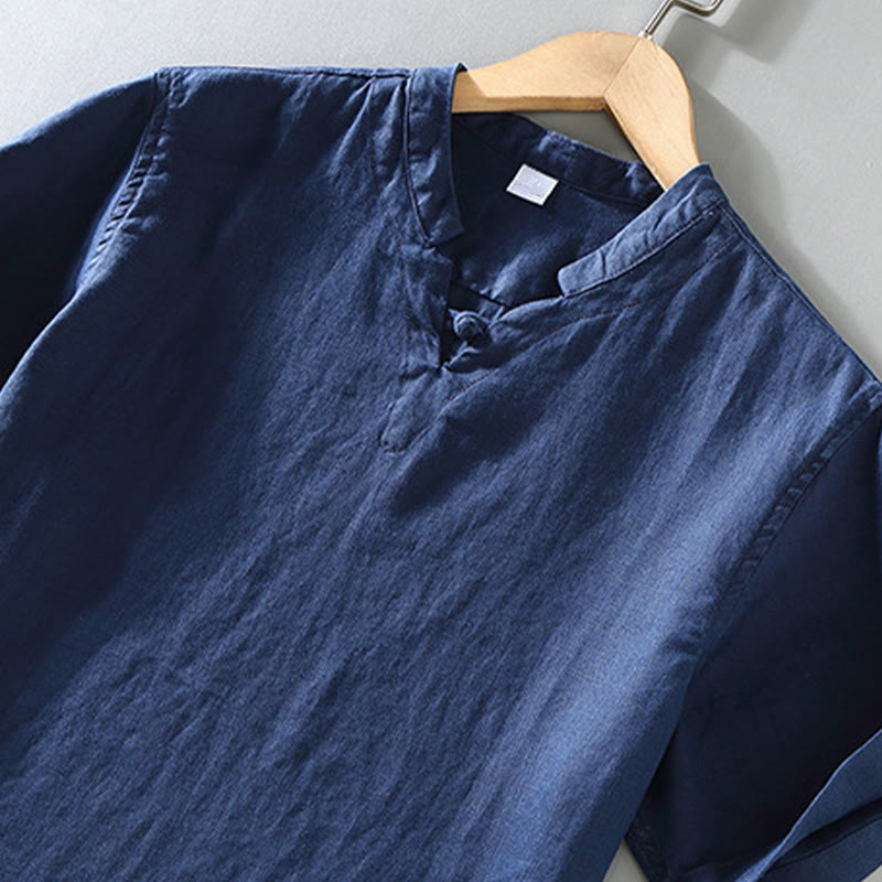 Koszula męska z krótkim rękawem z lnu Buddha Stones Summer Solid Design - image 2