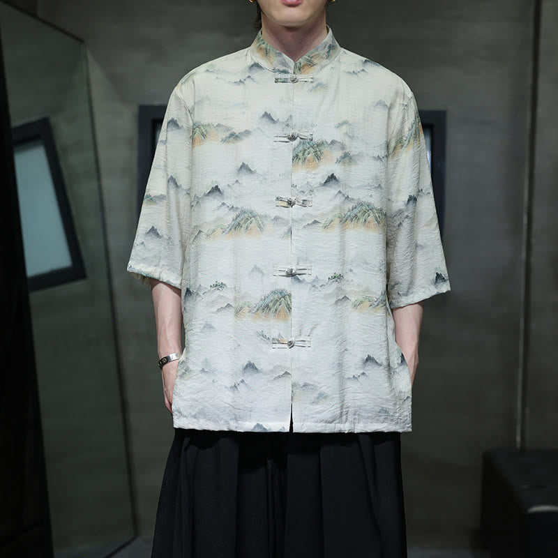 Buddha Stones Malowanie tuszem Góry Chiński Żaba-Guzik Tang Suit Męska koszula z półrękawem bawełniano-lniana - Bielizna - US/UK/AU46， EU56 (5XL) - image 13