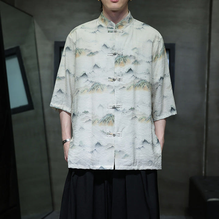 Buddha Stones Malowanie tuszem Góry Chiński Żaba-Guzik Tang Suit Męska koszula z półrękawem bawełniano-lniana - Bielizna - US/UK/AU46， EU56 (5XL) - image 13