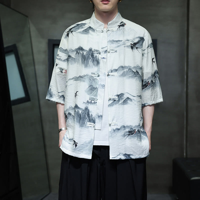Buddha Stones Malowanie tuszem Góry Chiński Żaba-Guzik Tang Suit Męska koszula z półrękawem bawełniano-lniana - Biały - US/UK/AU46， EU56 (5XL) - image 0