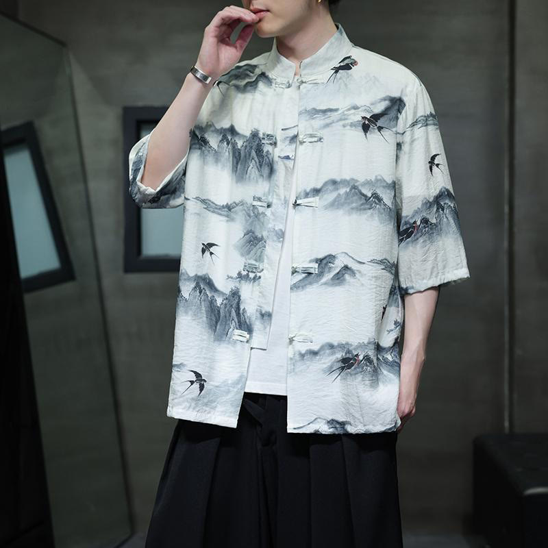 Buddha Stones Malowanie tuszem Góry Chiński Żaba-Guzik Tang Suit Męska koszula z półrękawem bawełniano-lniana - image 8