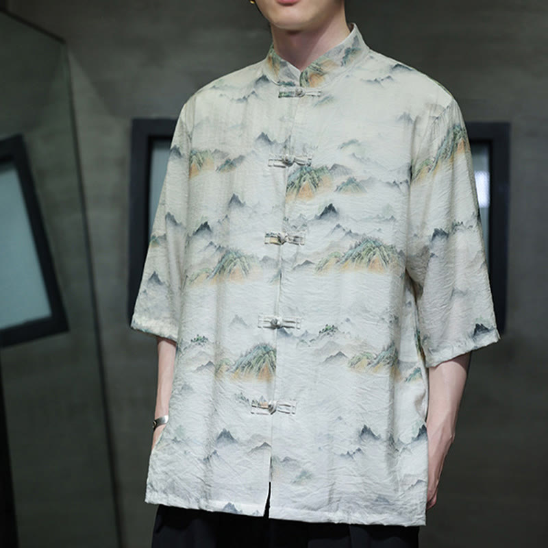 Buddha Stones Malowanie tuszem Góry Chiński Żaba-Guzik Tang Suit Męska koszula z półrękawem bawełniano-lniana - image 16