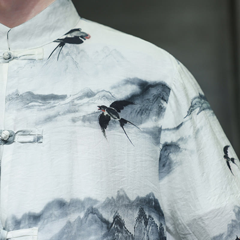 Buddha Stones Malowanie tuszem Góry Chiński Żaba-Guzik Tang Suit Męska koszula z półrękawem bawełniano-lniana - image 11