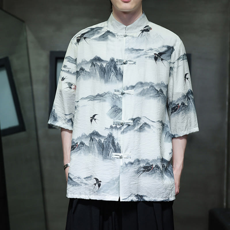 Buddha Stones Malowanie tuszem Góry Chiński Żaba-Guzik Tang Suit Męska koszula z półrękawem bawełniano-lniana - image 7