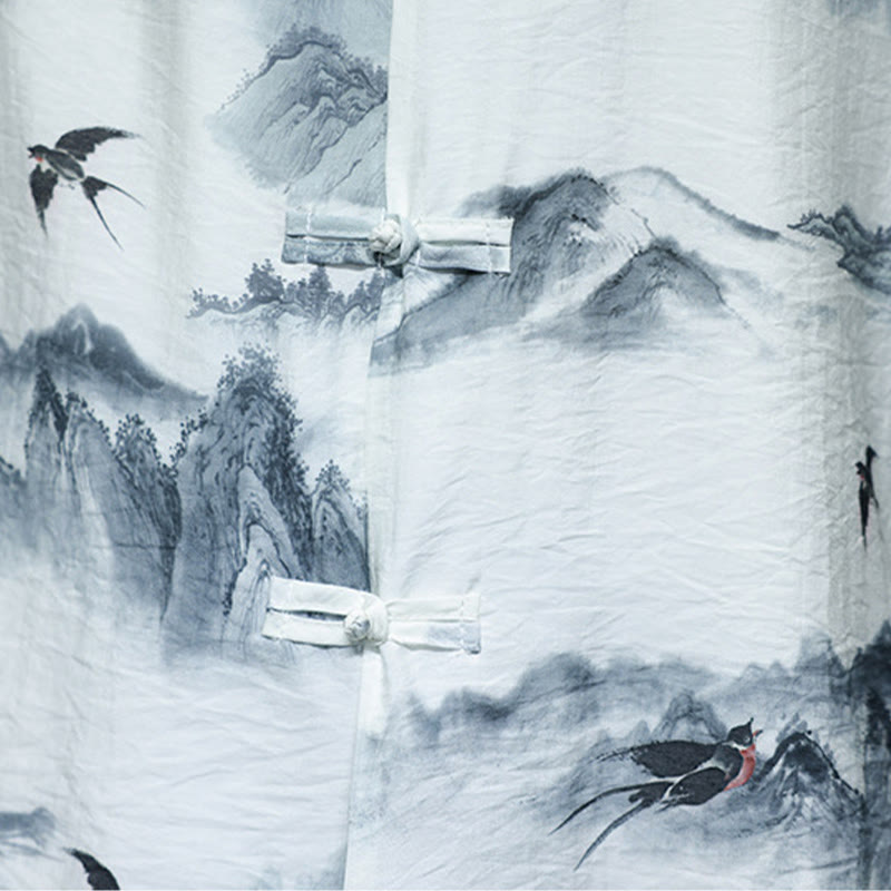 Buddha Stones Malowanie tuszem Góry Chiński Żaba-Guzik Tang Suit Męska koszula z półrękawem bawełniano-lniana - image 12