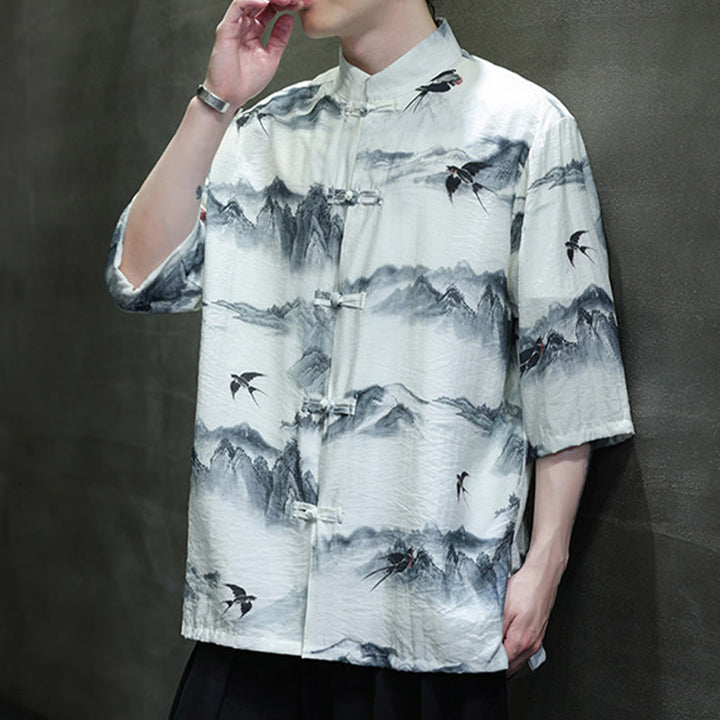 Buddha Stones Malowanie tuszem Góry Chiński Żaba-Guzik Tang Suit Męska koszula z półrękawem bawełniano-lniana - image 6