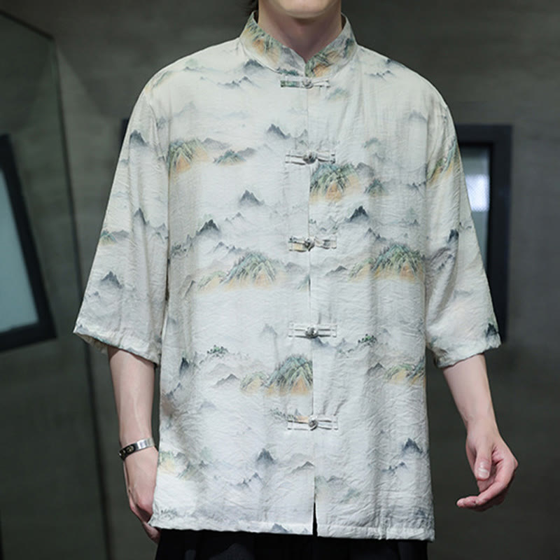 Buddha Stones Malowanie tuszem Góry Chiński Żaba-Guzik Tang Suit Męska koszula z półrękawem bawełniano-lniana - image 15