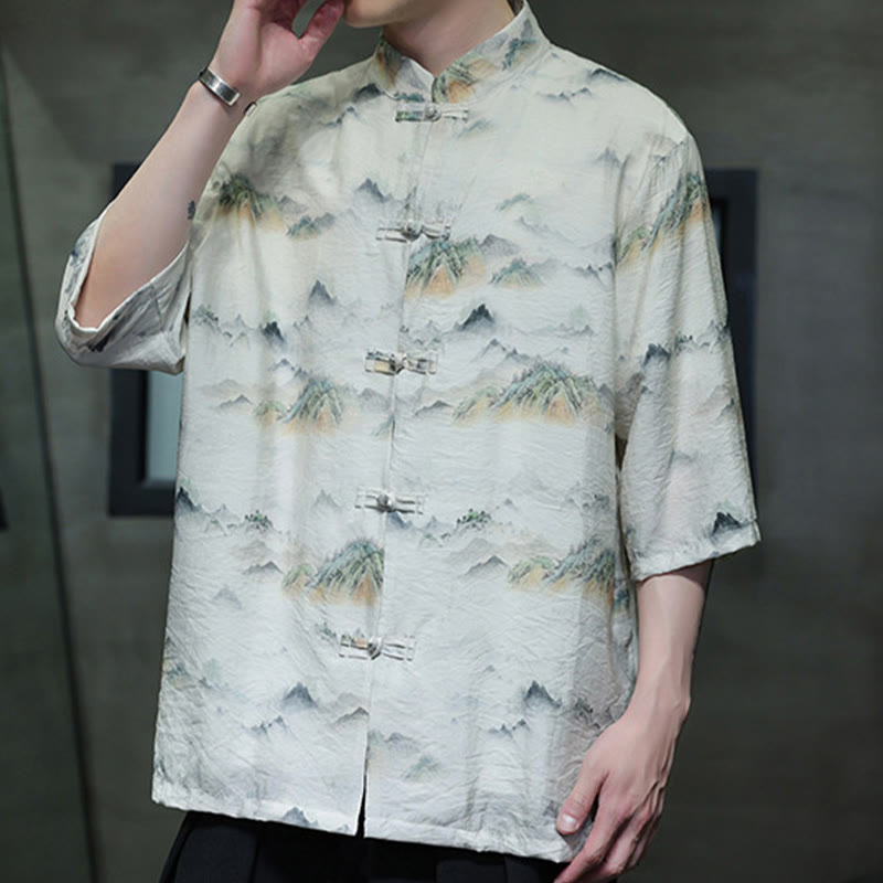 Buddha Stones Malowanie tuszem Góry Chiński Żaba-Guzik Tang Suit Męska koszula z półrękawem bawełniano-lniana - image 18