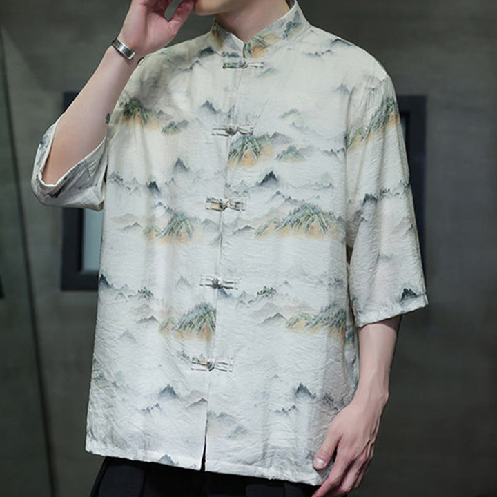 Buddha Stones Malowanie tuszem Góry Chiński Żaba-Guzik Tang Suit Męska koszula z półrękawem bawełniano-lniana - image 18