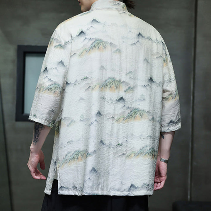 Buddha Stones Malowanie tuszem Góry Chiński Żaba-Guzik Tang Suit Męska koszula z półrękawem bawełniano-lniana - image 14